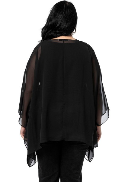 Büyük Beden Geniş Kesim Kol Altı Dikiş Detaylı Siyah Panço Bolero