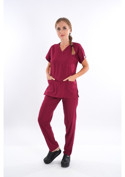 Elit Likra Açık Bordo Hemşire ve Doktor Üniforma Takımı Scrubs