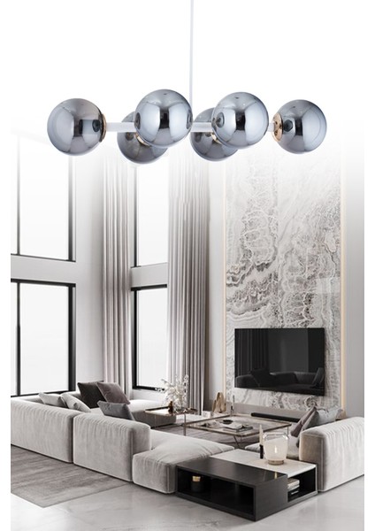 Luxury Modern Tasarım Beyaz 6'li Füme Glop Camlı Avize