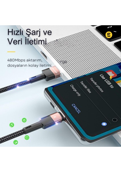 1 Metre 7A 66W USB To Type-C Süper Hızlı Şarj ve Data Kablosu Süper Dayanıklı Akım ve Isı Korumalı