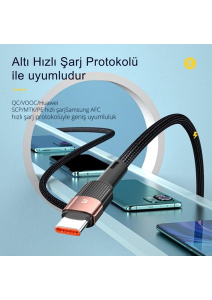 1 Metre 7A 66W USB To Type-C Süper Hızlı Şarj ve Data Kablosu Süper Dayanıklı Akım ve Isı Korumalı