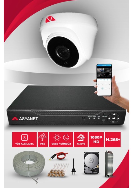 1 Kameralı Dome Kare 1 İç Kamera Set 250 GB HDD Full Hd Gece Görüşlü Güvenlik Kamerası Sistemi