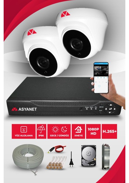 2 Kameralı Dome 2 İç Kamera Set 250 GB HDD Full Hd Gece Görüşlü Güvenlik Kamerası Sistemi