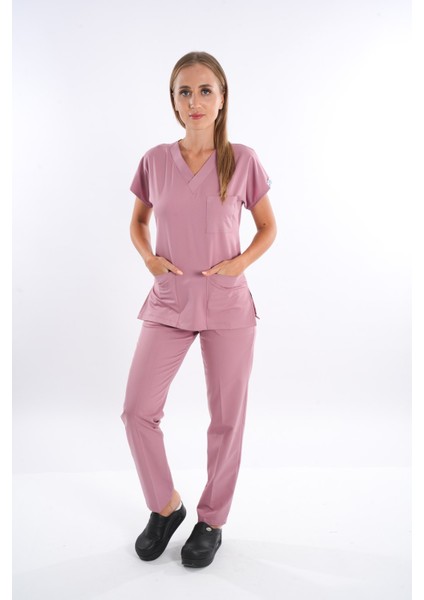 Elit Likra Pudra Hemşire ve Doktor Üniforma Takımı Scrubs