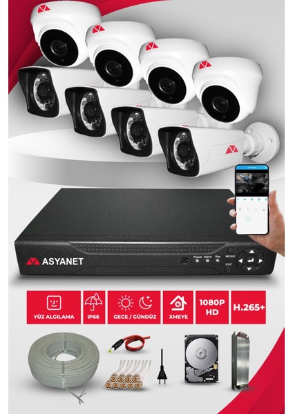 8 Kameralı Kare 4 Dış 4 İç Kamera Set 500GB HDD Gece Görüşlü Güvenlik Kamera Sistemi - Mobil İzleme