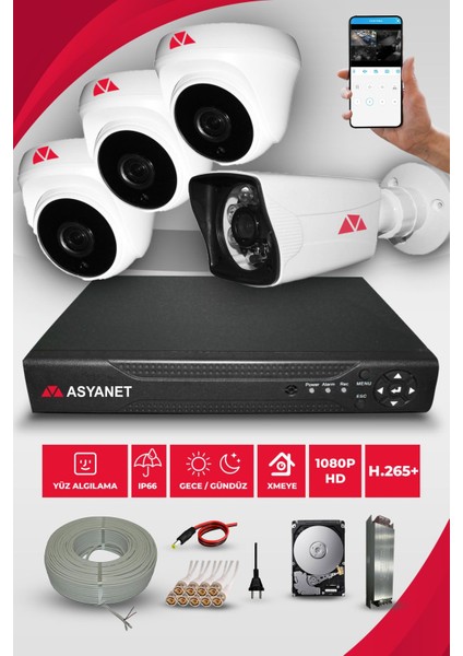 4 Kameralı Kare 3 İç 1 Dış Kamera Set 320 GB HDD Full Hd Gece Görüşlü Güvenlik Kamerası Sistemi