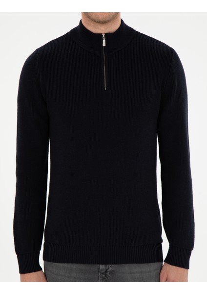 Erkek Lacivert Slim Fit Fermuarlı Dik Yaka Kazak 50297123-VR033