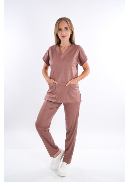 Elit Likra Sütlü Kahve Hemşire ve Doktor Üniforma Takımı Scrubs