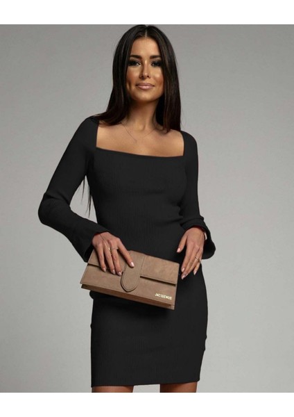 Kadın Uzun Kollu Kare Yaka Kol Ucu Ispanyol Triko Elbise fiyatları