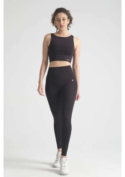 Yüksek Bel Cep Detaylı Spor Tayt & Sırt Dekoliteli Krop Takım | Siyah Esnek Destekli Kaplı Spor Sütyeni ve Tayt Takımı modelleri
