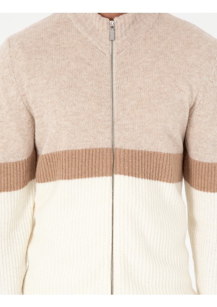 Erkek Ekru Regular Fit Yün Karışımlı Fermuarlı Triko Hırka 50296434-VR019