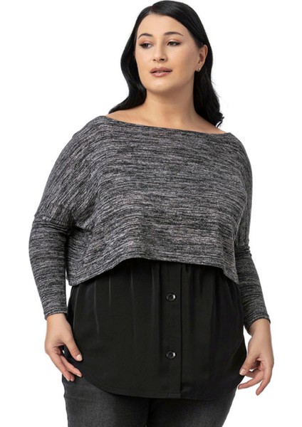 Büyük Beden Düğme Detaylı Beli Lastikli Siyah Gömlek Etek