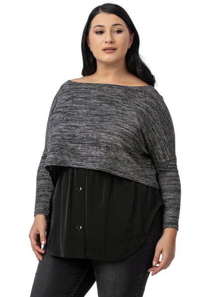 Büyük Beden Düğme Detaylı Beli Lastikli Siyah Gömlek Etek indirimleri