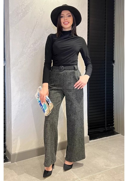 Kadın Kışlık Karyağdı Desenli Pile Detaylı Kemerli Palazzo Pantolon