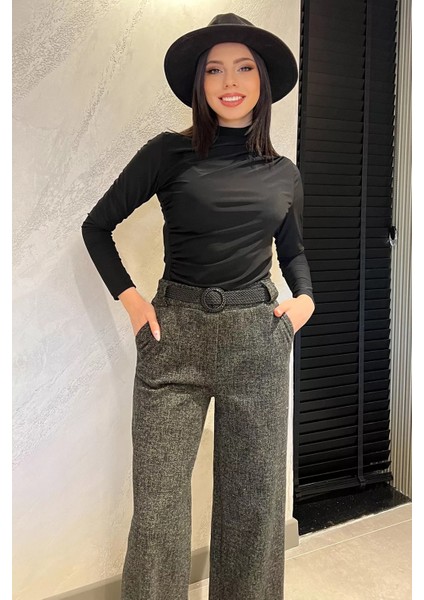 Kadın Kışlık Karyağdı Desenli Pile Detaylı Kemerli Palazzo Pantolon fiyatları