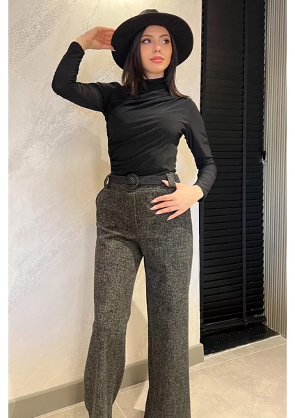 Kadın Kışlık Karyağdı Desenli Pile Detaylı Kemerli Palazzo Pantolon modelleri