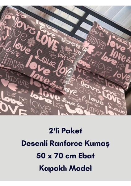 Love Desenli Ranforce Pamuklu Kumaş Kapaklı Yastık Kılıfı 2'li Paket 50X70 cm