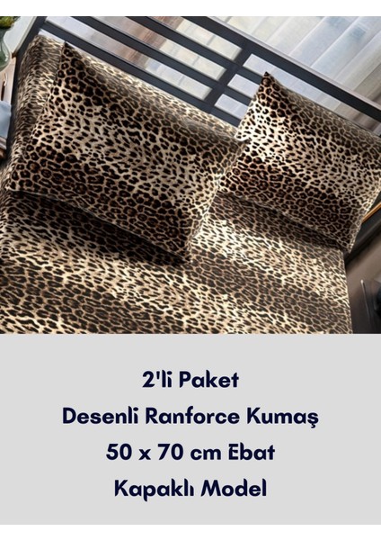 Leopar Desenli Ranforce Pamuklu Kumaş Kapaklı Yastık Kılıfı 2'li Paket 50X70 cm