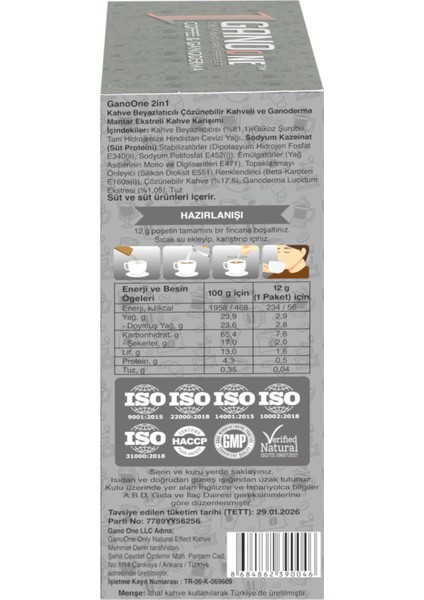 20 Kutu Ganoone 2in1, Ganoderma Reishi Mantarı Özütlü Kahve Karışımı - (400 Poşet x 12g)