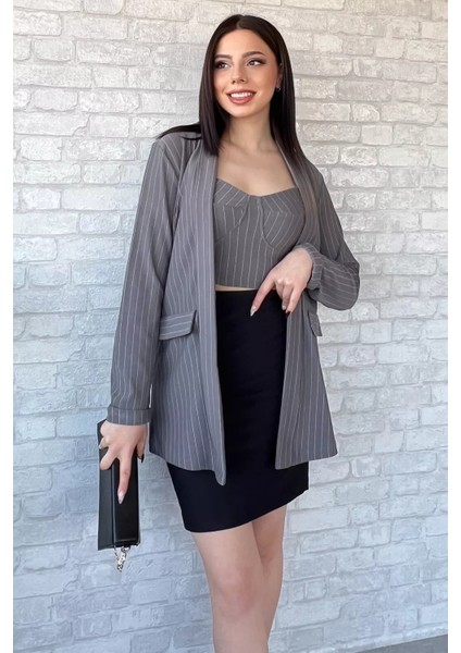 Çizgi Desenli Büstiyer Ceket İkili Takım P-00009821