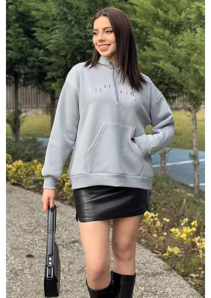 Kadın Taşlı Kapüşonlu Şardonlu Sweatshirt