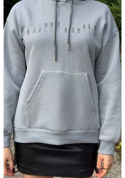 Kadın Taşlı Kapüşonlu Şardonlu Sweatshirt