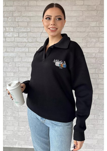 Kadın Polo Yaka Baskılı Şardonlu Sweatshirt