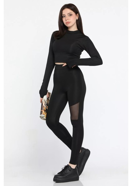 Kadın Yüksek Bel Tül Detaylı Likralı Tayt