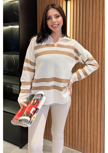 Polo Yaka Çizgili Kadın Triko Kazak