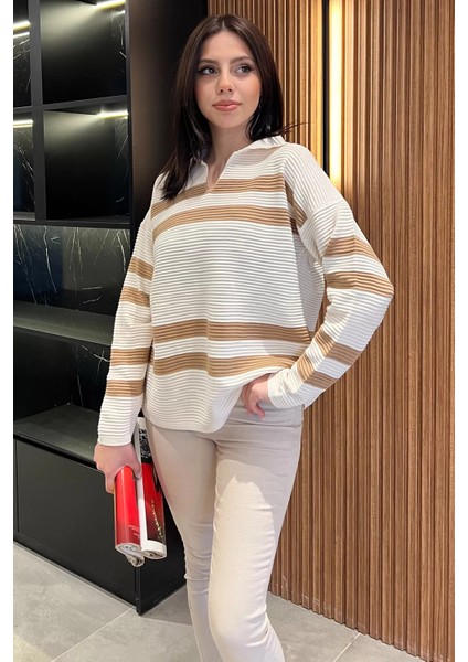 Polo Yaka Çizgili Kadın Triko Kazak fiyatları