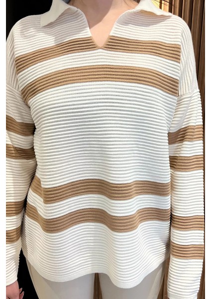 Polo Yaka Çizgili Kadın Triko Kazak modelleri