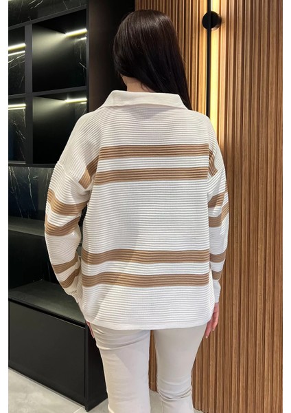 Polo Yaka Çizgili Kadın Triko Kazak fırsatları