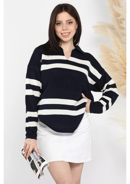Polo Yaka Çizgili Kadın Triko Kazak