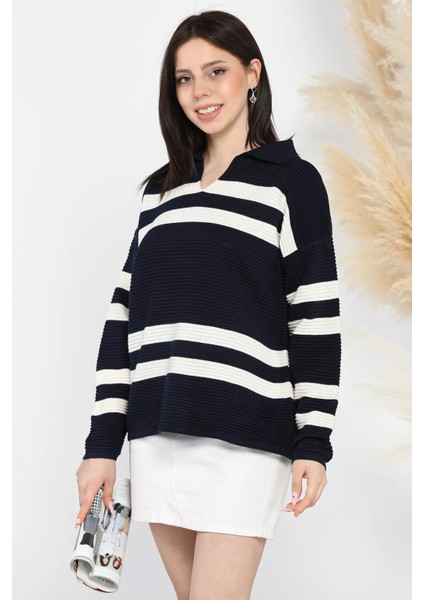 Polo Yaka Çizgili Kadın Triko Kazak fiyatları
