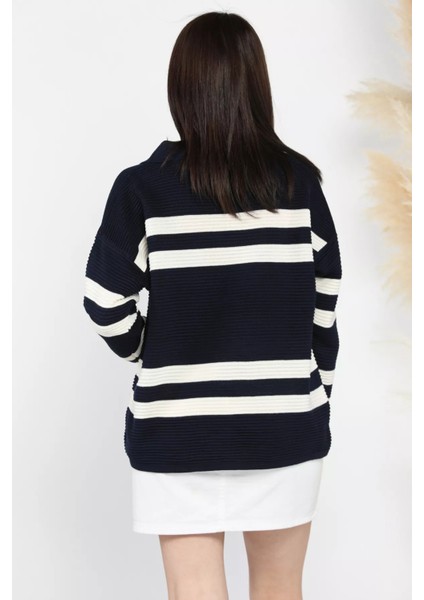 Polo Yaka Çizgili Kadın Triko Kazak modelleri