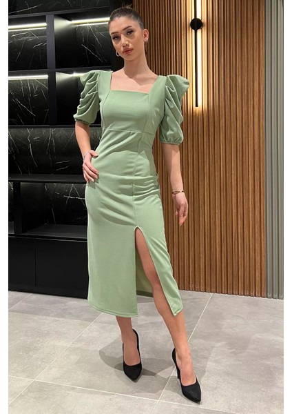 Kadın Sırt Dekolteli Yırtmaçlı Kare Yaka Elbise P-00014661