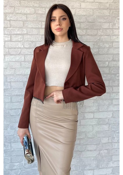 Kadın Sacak Taşlı Slim Fit Crop Blazer Ceket P-00002147