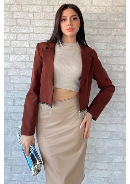 Kadın Sacak Taşlı Slim Fit Crop Blazer Ceket P-00002147