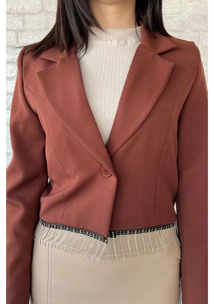Kadın Sacak Taşlı Slim Fit Crop Blazer Ceket P-00002147