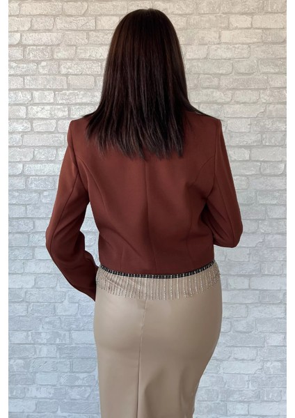 Kadın Sacak Taşlı Slim Fit Crop Blazer Ceket P-00002147