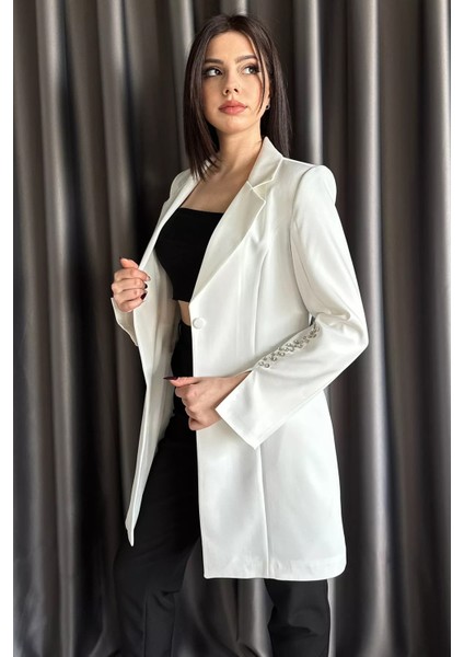 Kadın Kol Taş Detaylı Sahte Cepli Uzun Blazer Ceket P-00003295