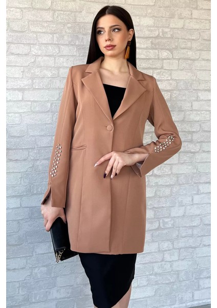 Kadın Kol Taş Detaylı Sahte Cepli Uzun Blazer Ceket P-00003295