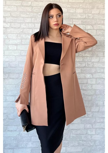 Kadın Kol Taş Detaylı Sahte Cepli Uzun Blazer Ceket P-00003295