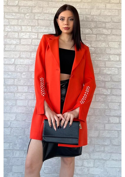 Kadın Kol Taş Detaylı Sahte Cepli Uzun Blazer Ceket P-00003295