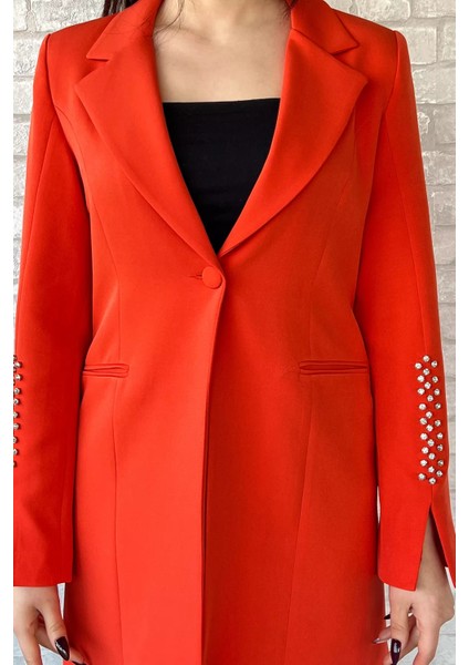 Kadın Kol Taş Detaylı Sahte Cepli Uzun Blazer Ceket P-00003295 modelleri