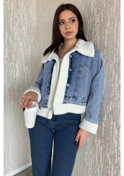 Kadın Yaka ve Kol Peluş Detaylı Kot Jean Ceket