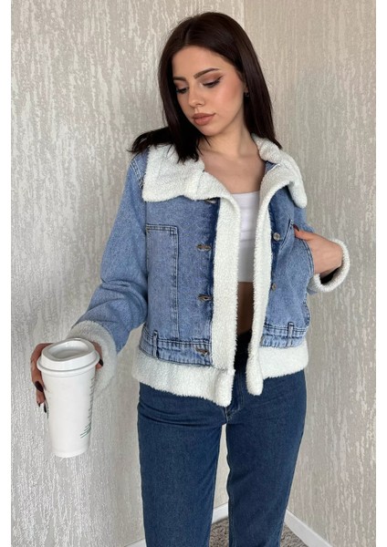 Kadın Yaka ve Kol Peluş Detaylı Kot Jean Ceket fiyatları