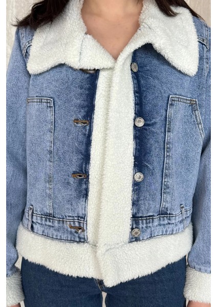 Kadın Yaka ve Kol Peluş Detaylı Kot Jean Ceket modelleri