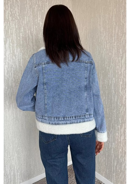 Kadın Yaka ve Kol Peluş Detaylı Kot Jean Ceket fırsatları