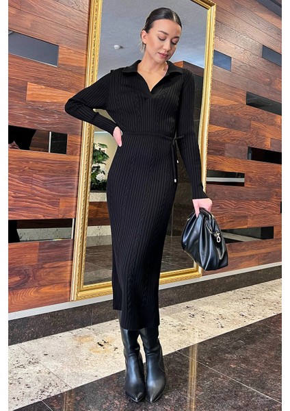 Kadın Polo Yaka Bel Bağlamalı Uzun Triko Elbise fiyatları